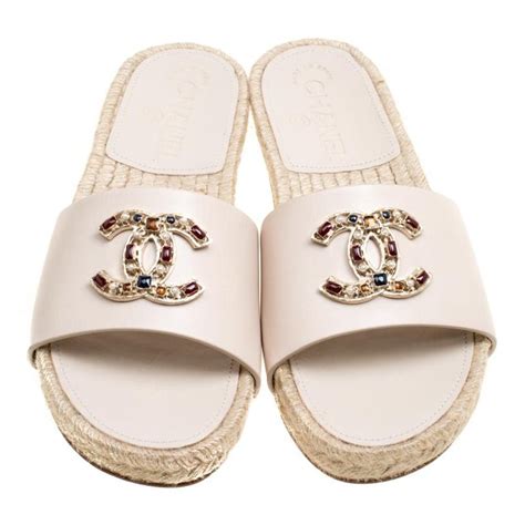 chanel slides beige|authentic chanel espadrilles.